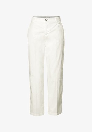 Witte katoenen broek met rechte pasvorm, voorzien van een knoopsluiting, ceintuurlussen en een minimalistisch design. Glad textuur, geen zichtbare patronen.