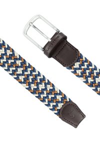 Spleciony pas z tkaniny w niebieskie, białe i brązowe nitki, z ciemnobrązowym skórzanym końcówką oraz srebrnym metalowym klamrą.