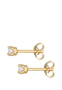 Goldene Ohrstecker mit einer Krallenfassung und klaren Edelsteinen; runde, glatte Form mit polierter Oberfläche und dekorativem Rückteil.