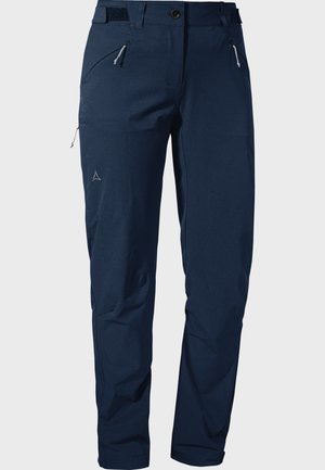 Marineblaue Softshell-Hosen mit schlanker Passform, ausgestattet mit Reißverschlusstaschen, verstellbarem Bund und dezentem Logodetail am linken Oberschenkel.