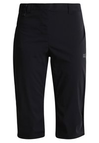 Svarta mellankorta utomhusshorts med bältesöglor och en liten Jack Wolfskin-logotyp på höger lår.