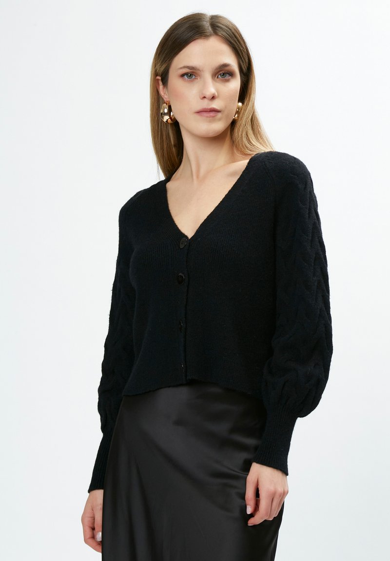 Cardigan nero con scollatura a V, maniche a lavorazione a trecce testurizzate e quattro bottoni sulla parte anteriore. Il tessuto sembra morbido e caldo.