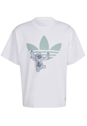Weißes kurzärmeliges T-Shirt mit großem hellgrünem Adidas-Trefoil-Logo und einer grauen Cartoonfigur, die nach oben greift.