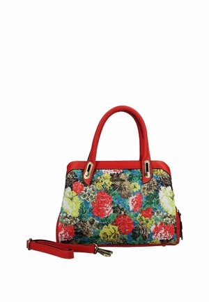 Kabelka s červenými rukojeti a lemováním, zdobená barevným květinovým vzorem s červenými, žlutými, bílými a zelenými květy, plus odnímatelný červený popruh.