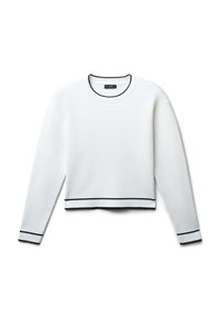 Felpa bianca corta con maniche lunghe, scollatura rotonda e dettagli neri lungo i polsini e l'orlo. Tessuto liscio e design semplice.