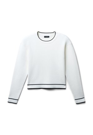 Sweatshirt blanc court avec des manches longues, un col rond et des accents noirs le long des poignets et de l'ourlet. Texture lisse et design simple.