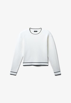 Weißer, kurzer Sweatshirt mit langen Ärmeln, rundem Ausschnitt und schwarzen Akzenten an den Bündchen und dem Saum. Glatte Textur und einfaches Design.
