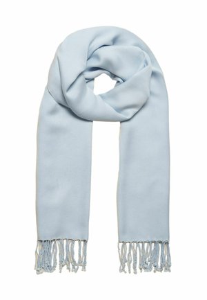 Light blue soft fabric scarf folded in a loop with fringed ends against a white background.