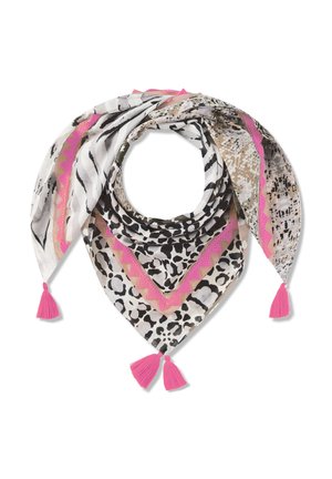 Driehoekige sjaal met gemengde dierenprints in zwart, wit en beige, afgezet met roze zigzagband en roze kwastjes op elk punt.