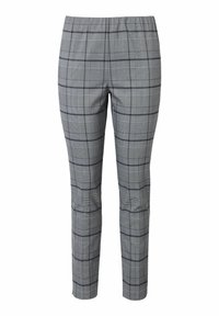 Grijze geruite broek met een elastische tailleband, voorzien van een zwart-wit ruitpatroon. Getailleerde pasvorm en lichtgewicht stof.