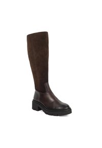Dark brown knee-high boot with suede upper shaft, leather foot, and chunky black rubber sole with low block heel.