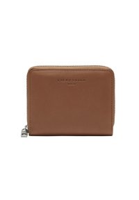 Portafoglio in pelle marrone con una texture liscia, chiusura a zip e logo impresso sul davanti. Forma rettangolare compatta con cuciture sottili.