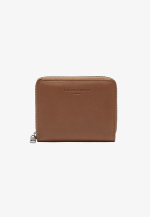 Brown leather wallet with a smooth texture, zip closure, and embossed logo on the front. Compact rectangular shape with subtle stitching.
