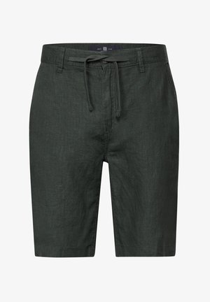 Ciemnozielone lniane szorty z elastycznym pasem na sznurku. Posiadają boczne kieszenie oraz prosty krój. Gładka tekstura z subtelnym połyskiem.