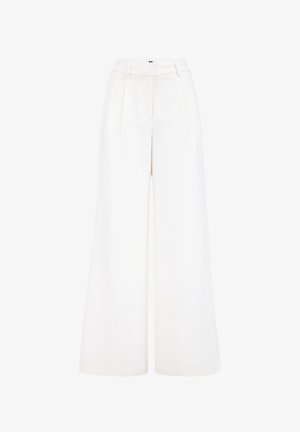 Wide-leg trousers made of lightweight fabric, featuring a clean white color, high waistband, and pleated front design for added detail.