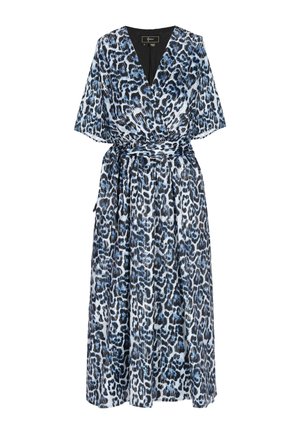 Blauw-zwarte luipaardprint wikkeljurk met korte mouwen, V-hals, ceintuur in de taille en midilange zoom.