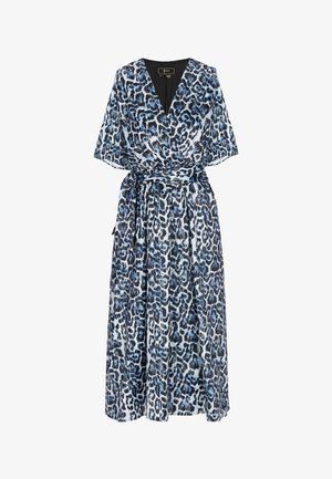Modré a černé leopardí vzorované zavinovací šaty s krátkými rukávy, výstřihem do V, páskem v pase a středně dlouhým lemem.