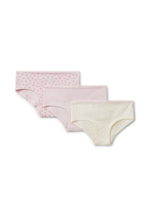 Tre paia di mutande di cotone: una rosa chiaro con stampe floreali, una rosa chiaro uniforme e una crema con piccoli motivi floreali.