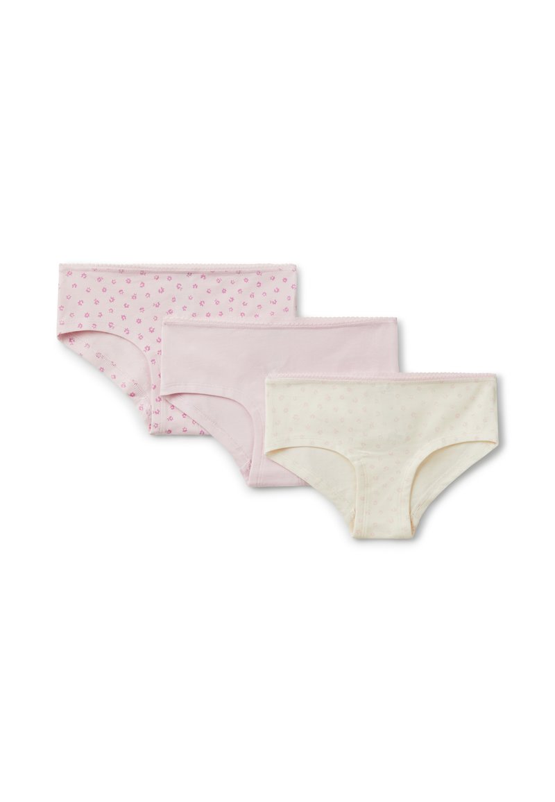 Tre paia di mutande di cotone: una rosa chiaro con stampe floreali, una rosa chiaro uniforme e una crema con piccoli motivi floreali.