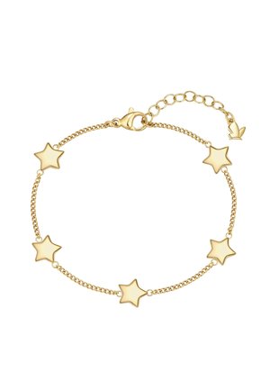 Pulsera de cadena de oro con cinco dijes sólidos de estrella espaciados uniformemente y un cierre de langosta con eslabones ajustables y un pequeño colgante en forma de mariposa al final.