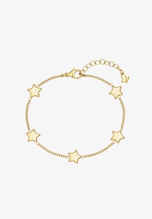 Pulsera de cadena de oro con cinco dijes sólidos de estrella espaciados uniformemente y un cierre de langosta con eslabones ajustables y un pequeño colgante en forma de mariposa al final.