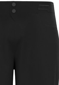 Schwarze Hosen mit glatter Textur, die zwei runde Knöpfe an der Taille, kontrastierende Nähte und ein einzigartiges Taschendesign aufweisen.