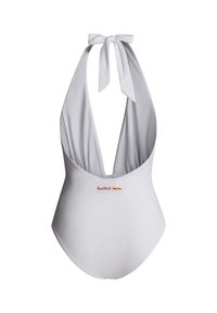 Hvid badedragt med halterneck, dyb V-ryg og Red Bull Racing-logo centreret under nakkekanten på ryggen.