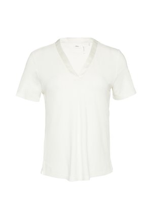 Witte T-shirt met korte mouwen en V-hals, afgewerkt met satijn. Zachte stof met een gladde textuur. Zijsplitten voor extra beweging.