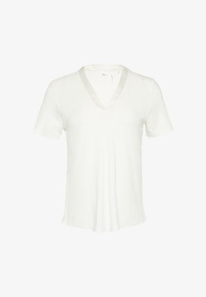 T-shirt blanc à manches courtes avec un col en V et un bord en satin. Tissu doux au toucher lisse. Fentes latérales pour un confort de mouvement.