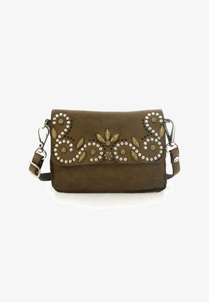 Borsa a tracolla in pelle marrone con motivo floreale in rilievo, dettagli con borchie e finitura testurizzata. Dotata di tracolla rimovibile e chiusura a fibbia.