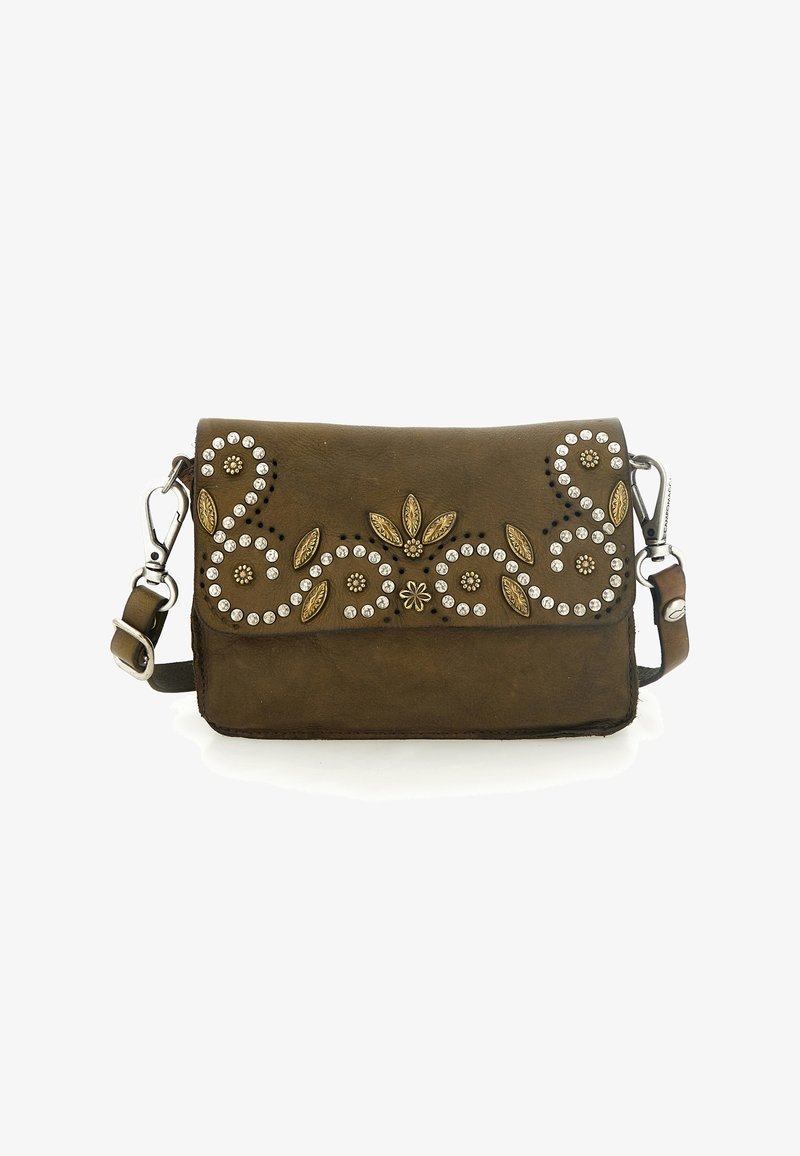 Borsa a tracolla in pelle marrone con motivo floreale in rilievo, dettagli con borchie e finitura testurizzata. Dotata di tracolla rimovibile e chiusura a fibbia.