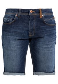 Tmavě modré džínové šortky s ohrnutými lemy, designem s pěti kapsami, měděným zapínáním na knoflík a kontrastním prošíváním podél švů.