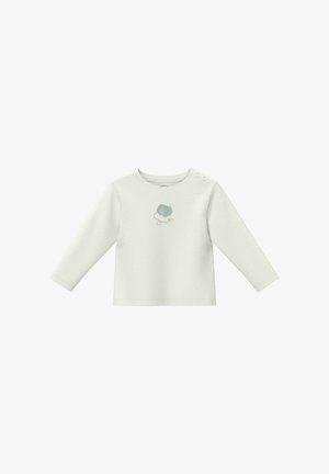 Biała koszulka niemowlęca z długim rękawem i zatrzaskami na ramionach, z małym niebieskim słonikiem i grafiką samolotu z papieru na piersi.