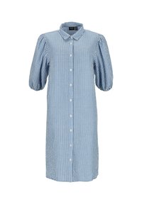 Abito a camicia blu a righe con colletto, chiusura frontale con bottoni e maniche corte a sbuffo. Realizzato in tessuto leggero, presenta righe verticali.