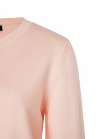 Hellpinkes Sweatshirt mit V-Ausschnitt, geripptem Kragen und Bündchen, aus weichem, strukturiertem Stoff gefertigt. Keine sichtbaren Muster oder Hardware.