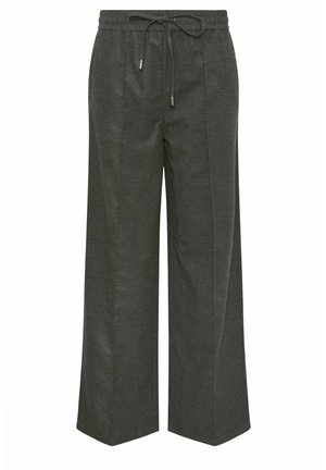 Tummanharmaat, leveälahkeiset housut, joissa on joustava vyötärönauha ja kiristysnyöri, edessä sauman yksityiskohdat ja rento istuvuus.