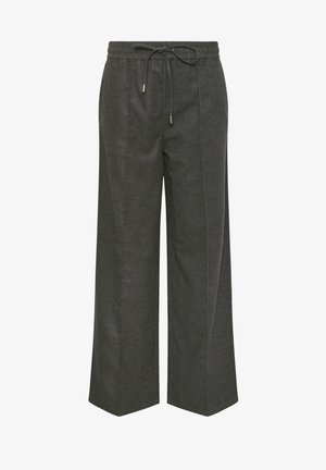 Tummanharmaat, leveälahkeiset housut, joissa on joustava vyötärönauha ja kiristysnyöri, edessä sauman yksityiskohdat ja rento istuvuus.