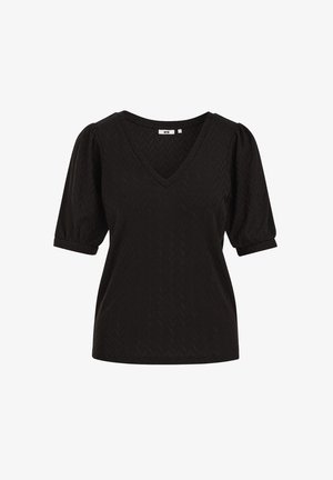 Černá krátká halenka s V-výstřihem, zdobená strukturovaným vzorem chevron a nařasenými rukávy pro zvýšený objem.