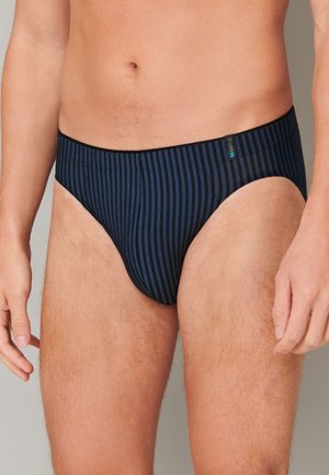 Herren Blau gestreifte Slips aus einem weichen Stoff, mit einem elastischen Bund und einer glatten Textur. Enthält ein kleines schwarzes Logo an der Seite.