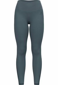 Graue gerippte Leggings mit hohem Bund und figurnaher Passform. Hergestellt aus elastischem Material, mit einem dezenten Logo an der Hüfte.