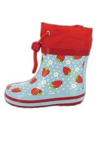 Botte de pluie en caoutchouc bleu avec des accents rouges, présentant un haut à cordon, des motifs de fraises, des fleurs blanches et une semelle texturée.