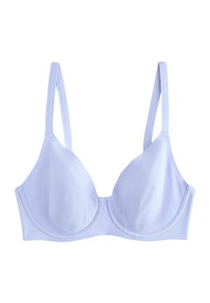 Hellvioletter Bügel-BH mit glatten Körbchen und verstellbaren dünnen Trägern vor weißem Hintergrund.