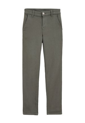 Pantalones de mezcla de algodón verdes con cierre de botón, trabillas para cinturón y dos bolsillos frontales. Textura suave con un corte ajustado y piernas rectas.