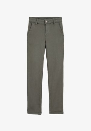 Pantalones de mezcla de algodón verdes con cierre de botón, trabillas para cinturón y dos bolsillos frontales. Textura suave con un corte ajustado y piernas rectas.