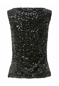 Sort paljettbelagt stroppeløs topp med figurnær passform, jevn tekstur og en glitrende overflate som reflekterer lys.