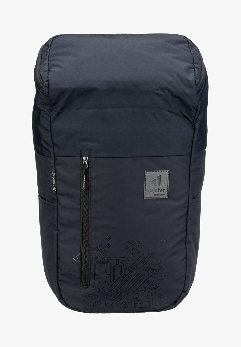Dark blue backpack made of durable fabric with a zippered top, featuring a front pocket and subtle graphic patterns on the side.