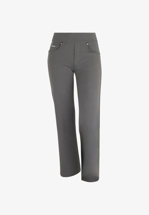 Pantalones grises y elásticos con una cintura ancha, dos bolsillos delanteros y costuras mínimas. Presentan una textura suave y un diseño de pierna recta.