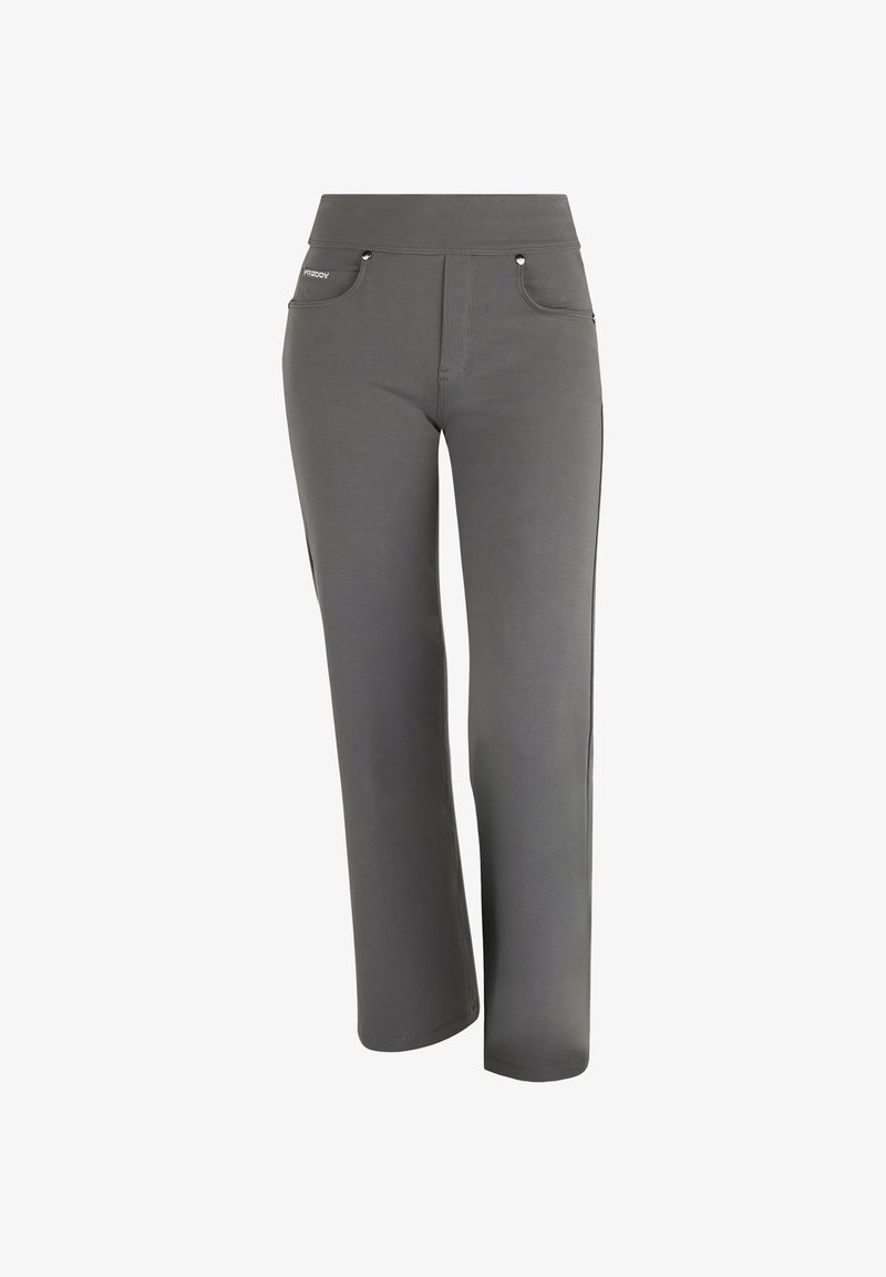 Pantalones grises y elásticos con una cintura ancha, dos bolsillos delanteros y costuras mínimas. Presentan una textura suave y un diseño de pierna recta.