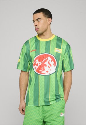 Green and yellow striped sports jersey with a round red logo and zigzag pattern. Made of smooth fabric, worn with matching green shorts.