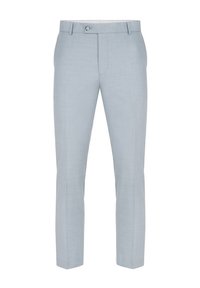 Jasnoniebieskie, dopasowane spodnie wykonane z gładkiego materiału. Posiadają zapięcie na guzik, zwężane nogawki oraz minimalistyczny design bez widocznych wzorów.